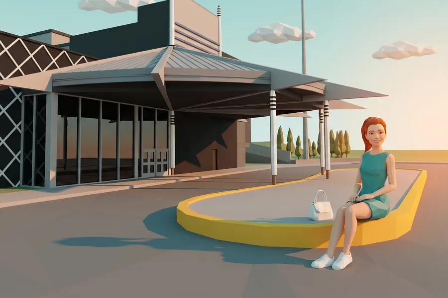 Woman on the yellow kerb outside the casino entrance