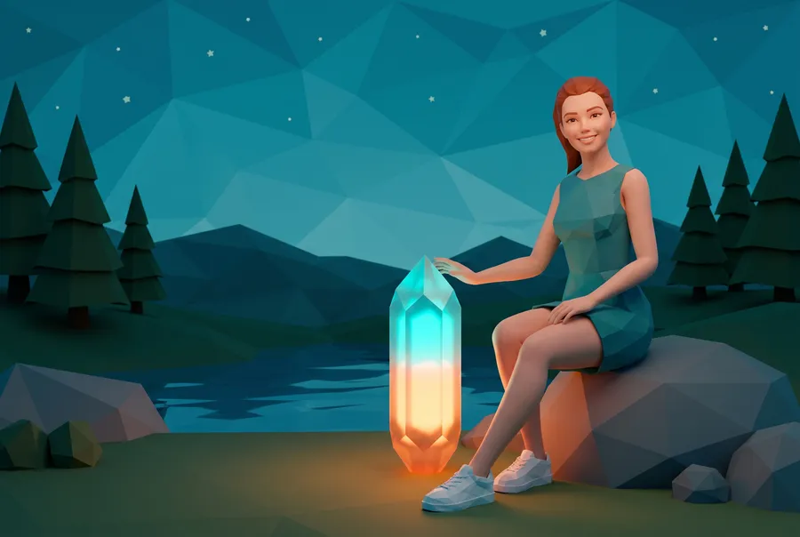 Low-poly woman beside a glowing crystal lamp at dusk