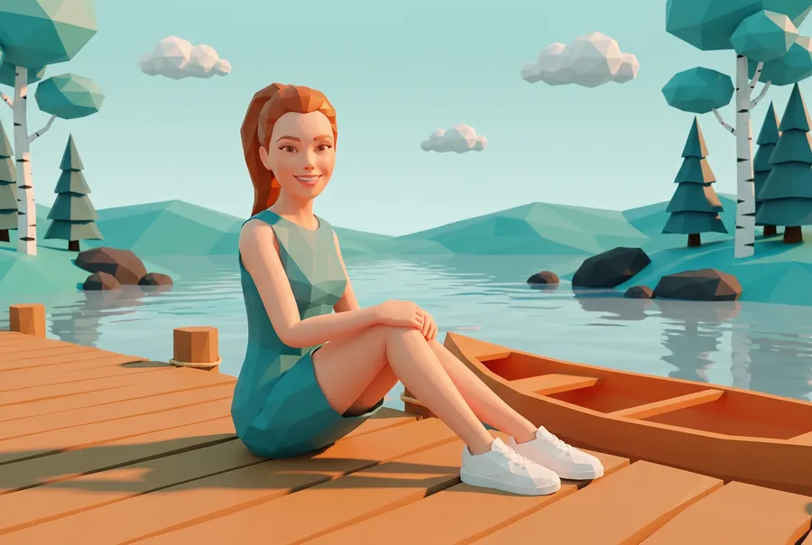 Woman on a lake dock beside an orange canoe