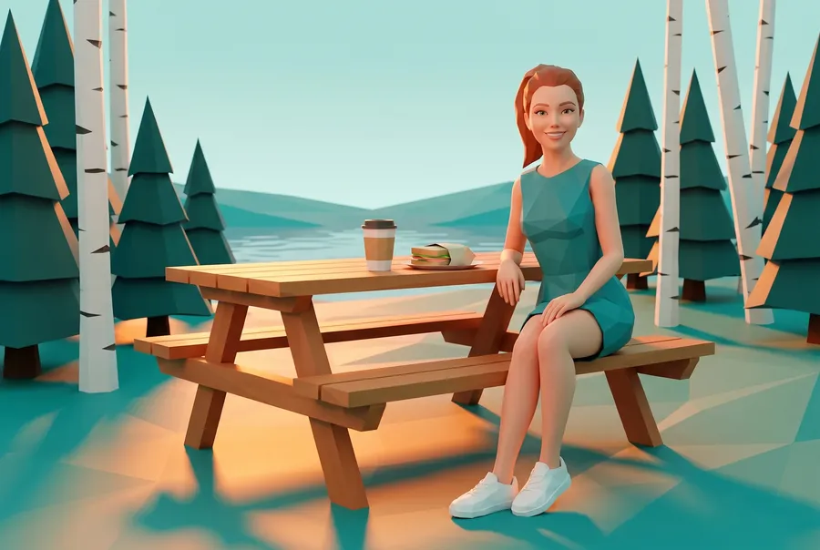 Woman with coffee at a forest picnic table